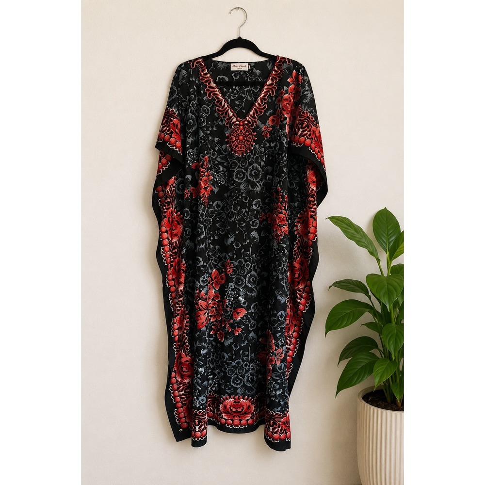 Miss Lavish Black Floral Kaftan Maxi Muumuu Nap Dress Whimsigoth Witchy Goth XL